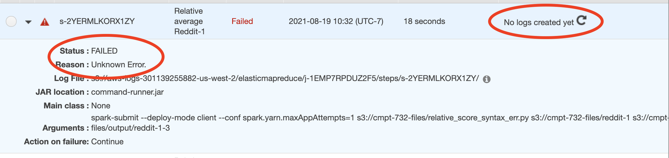 Screen shot of step details, highlighting 'Unknown error' and 'No logs created yet'